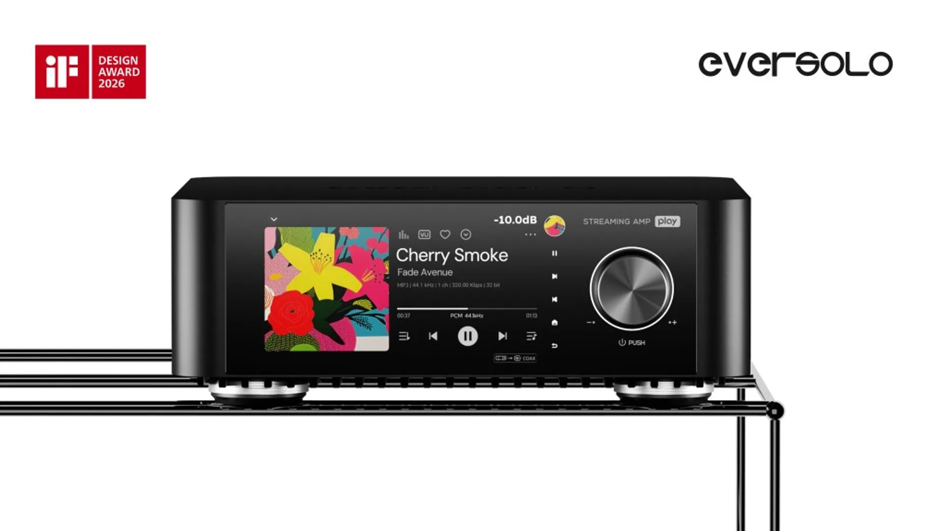Eversolo Play Streaming Amp on a wire shelf, touchscreen showing album art and playback details, iF Design Award 2026 logo.