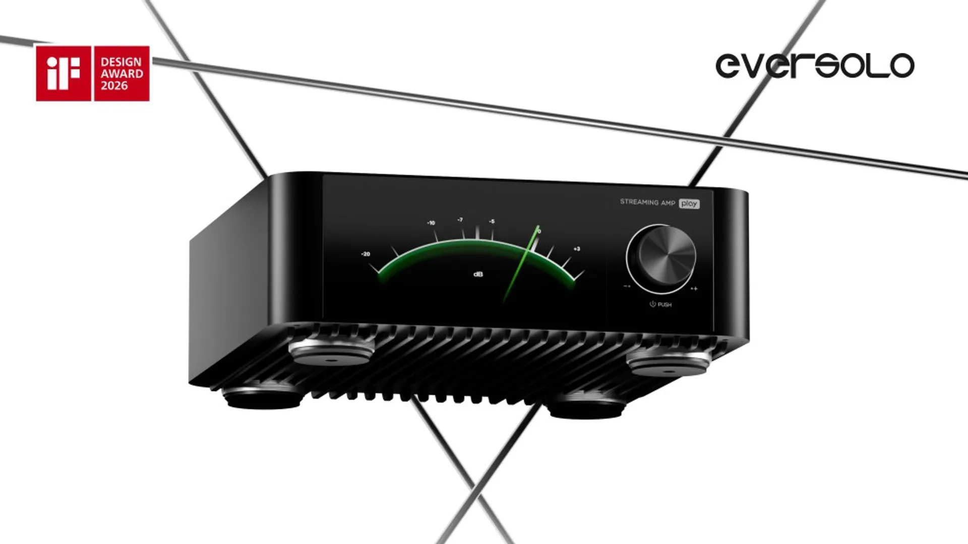 Eversolo Play Streaming Amp with green digital VU meter on the touchscreen, visible heatsink fins, silver feet, and iF Desig…