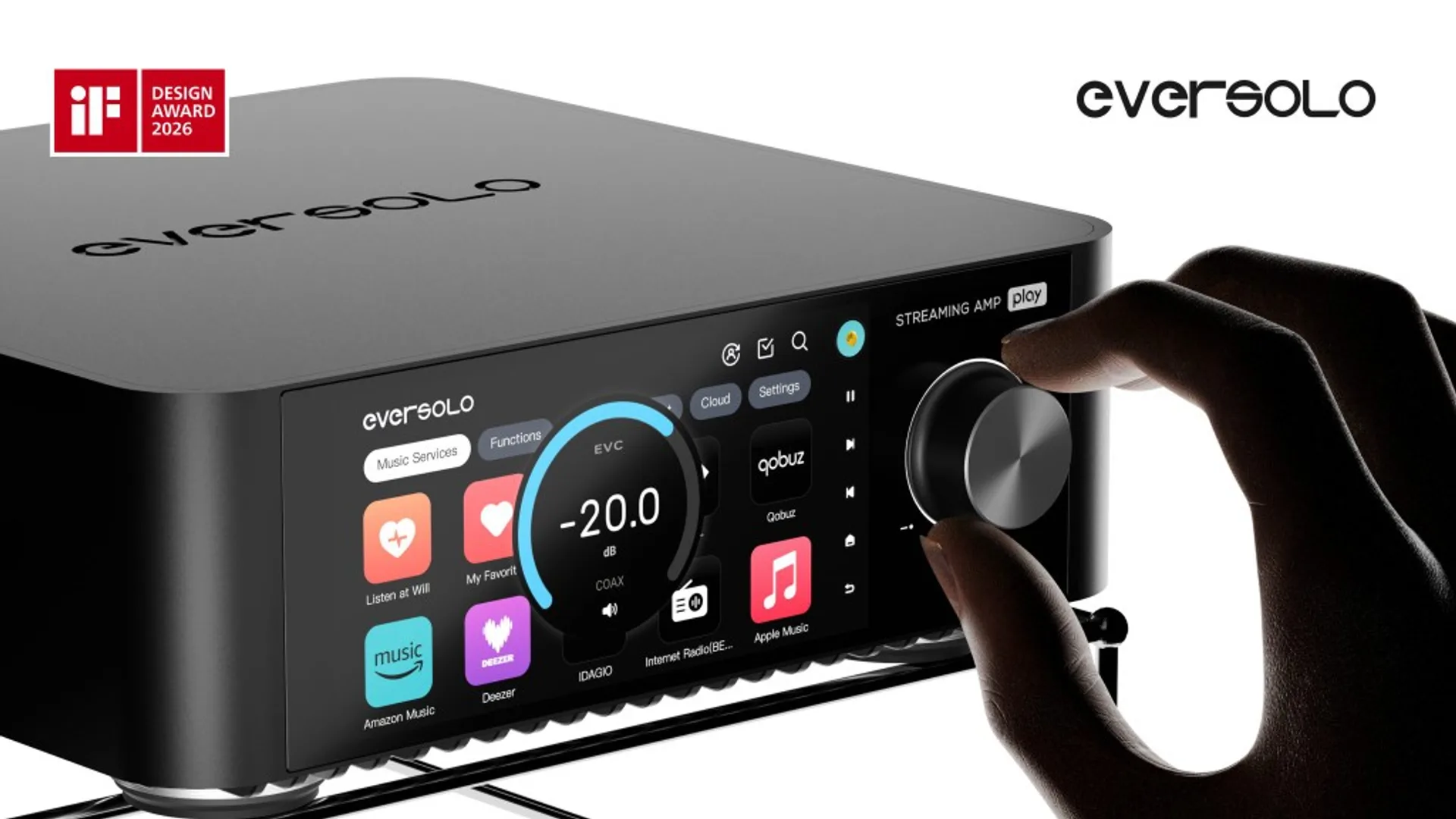 Eversolo Play streaming amplifier with touchscreen Music Services and a hand adjusting the volume knob, iF Design Award 2026.