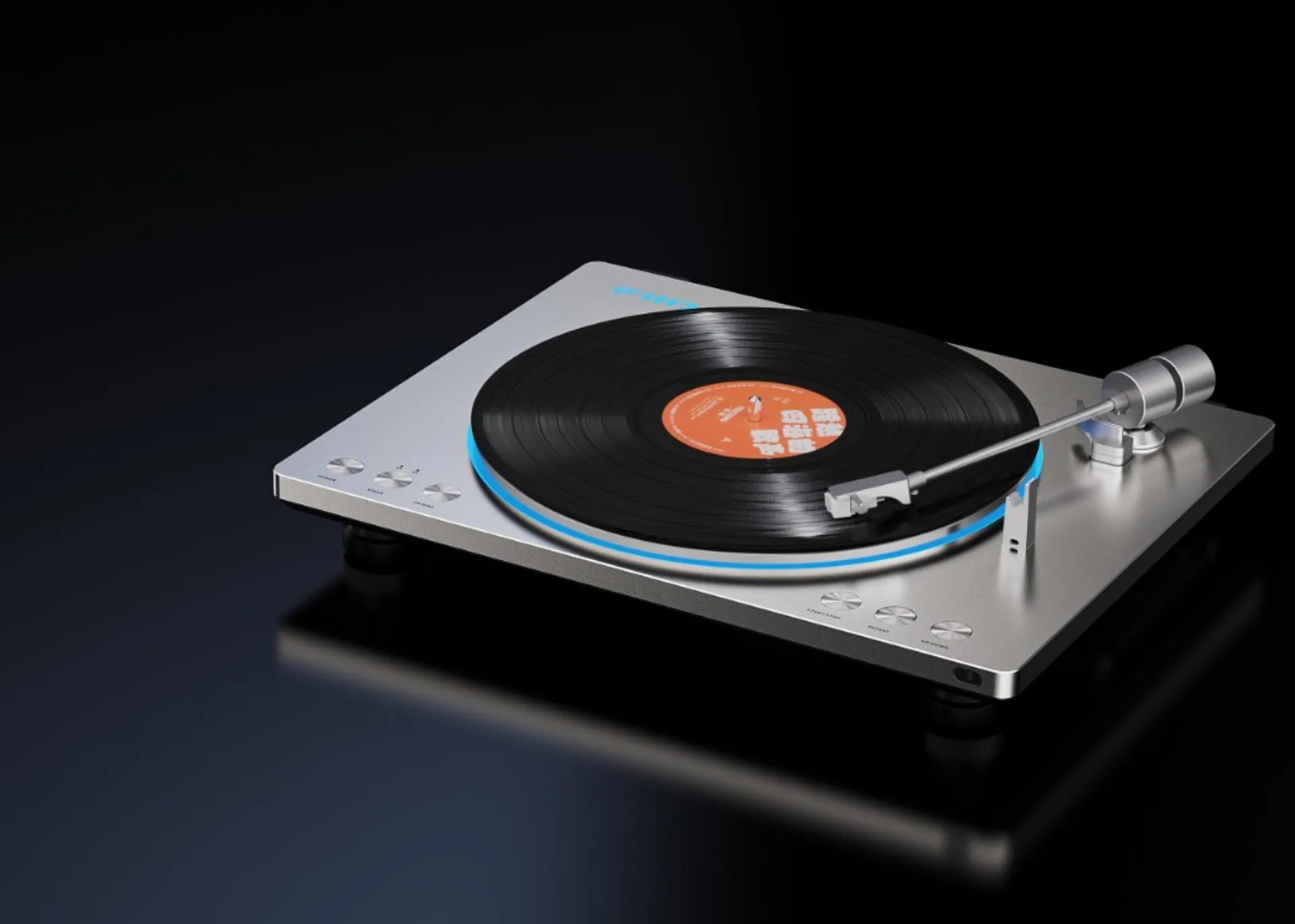 FiiO TT13 automatic turntable in silver finish on a black background, angled product view with blue accent ring.