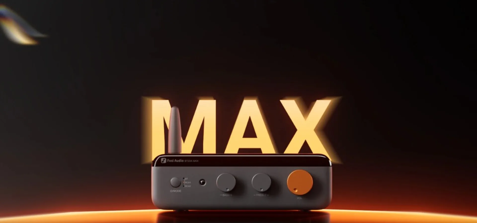 Fosi Audio BT20A MAX compact Bluetooth power amplifier with bass and treble knobs, orange volume knob, BT antenna and glowin…