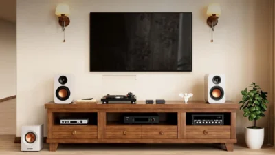 Living room hi-fi: wooden media console with turntable, white bookshelf speakers with copper drivers, compact black stereo c…