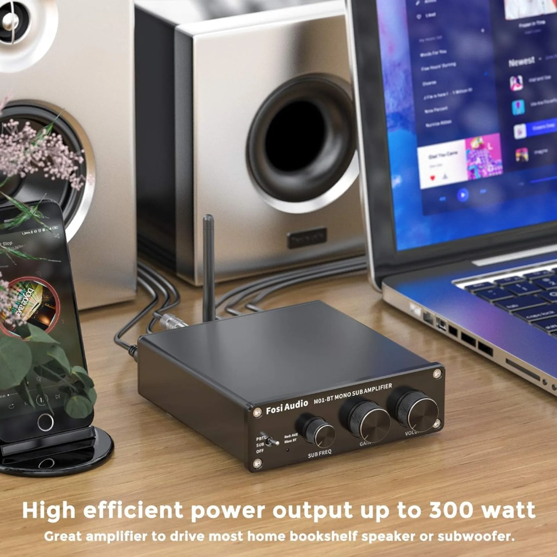 Fosi Audio M01-BT mono sub amplifier on wood desk: PBTL SUB OFF switch, BT or AUX LEDs, sub freq gain and volume knobs, ante…