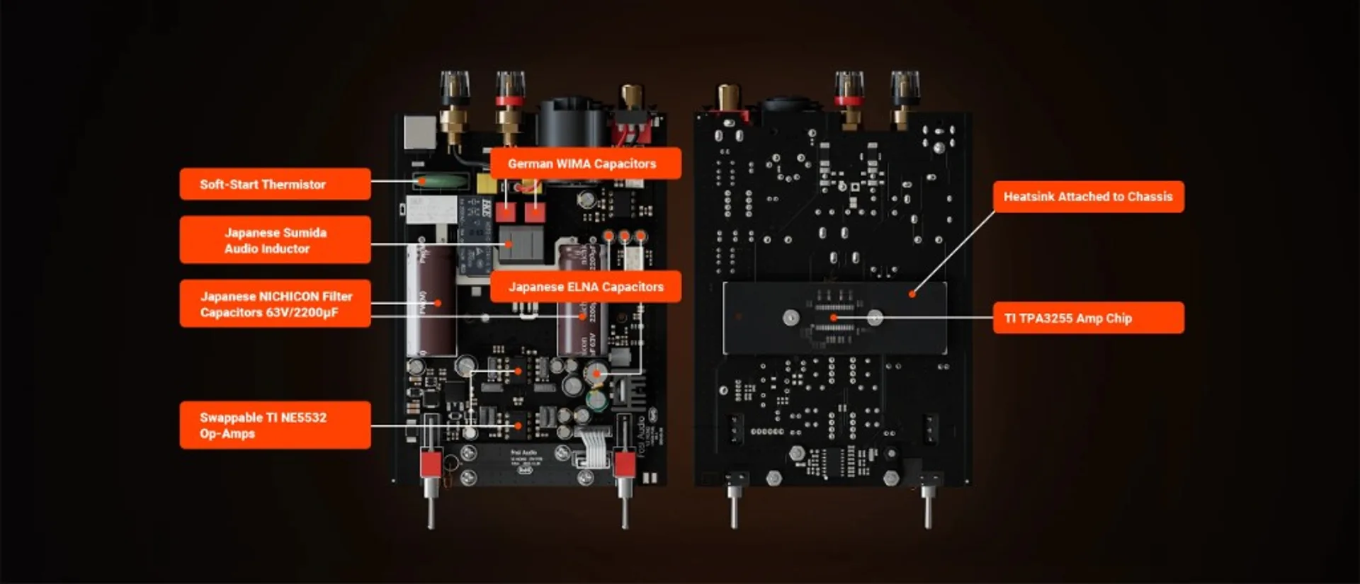 Fosi Audio Merak amplifier PCB diagram: top side with WIMA, Sumida, ELNA and Nichicon parts, NE5532 sockets, binding posts;…