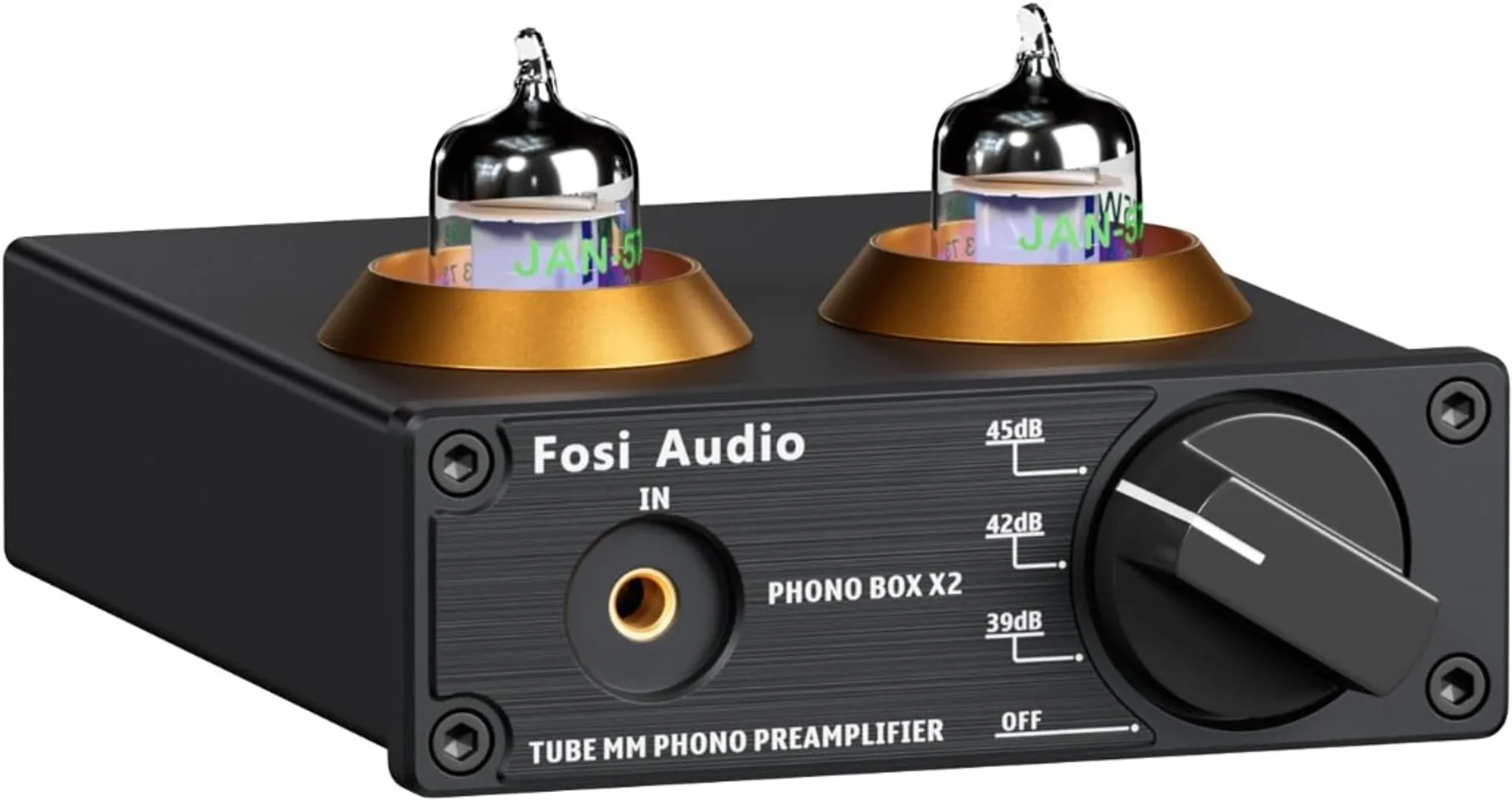 Fosi Audio Phono Box X2 Tube MM phono preamplifier with dual tubes, gold trim rings, and adjustable gain knob.
