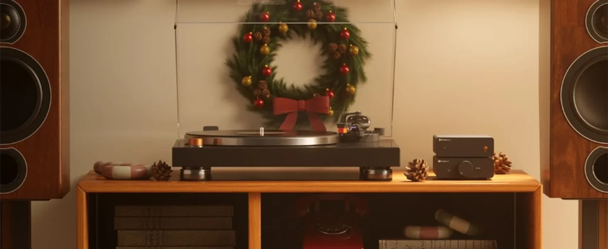Home hi-fi setup with turntable, wood speakers, and stacked Fosi Audio components on a console with holiday wreath decor.