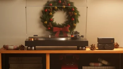 Home hi-fi setup with turntable, wood speakers, and stacked Fosi Audio components on a console with holiday wreath decor.