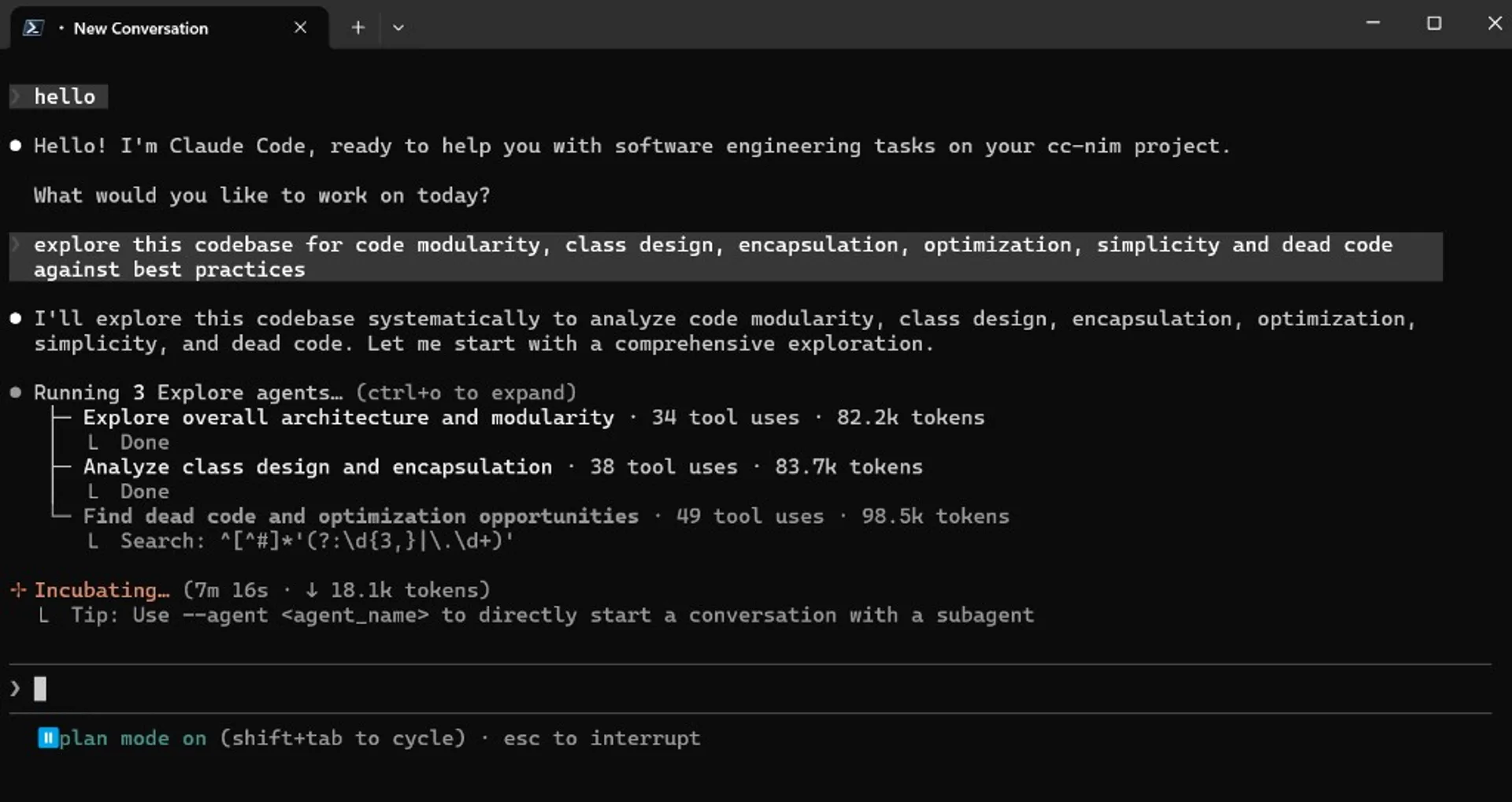 Terminal screenshot of Claude Code running through a proxy with three explore agents analyzing code modularity, class design, encapsulation, and optimization.
