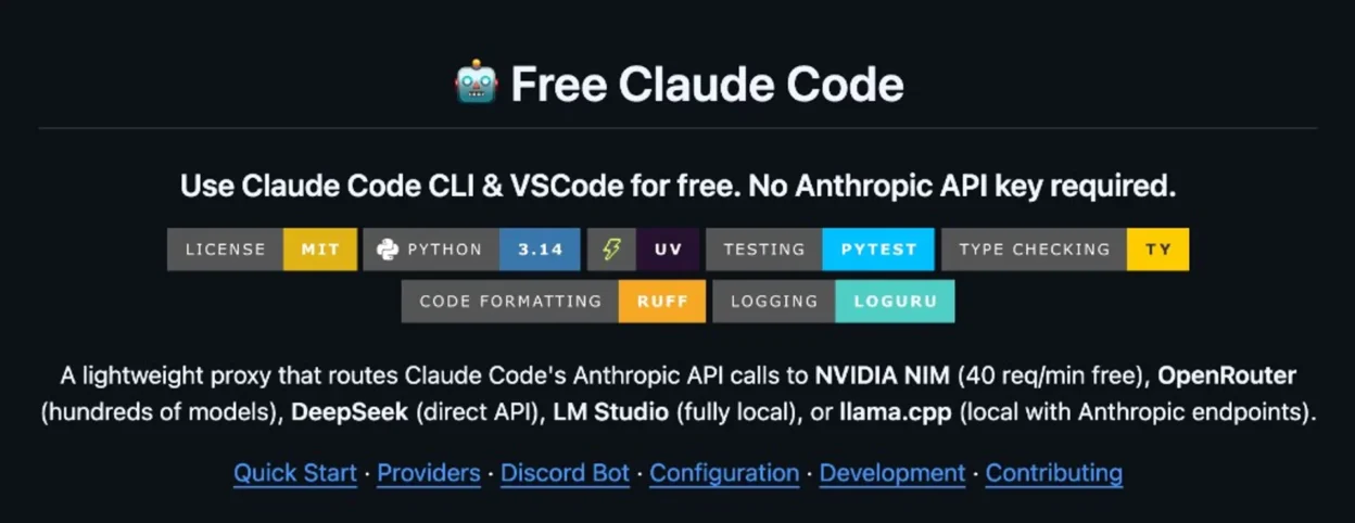 Free Claude Code project banner with tagline about using Claude Code CLI and VSCode for free via NVIDIA NIM, OpenRouter, Dee…