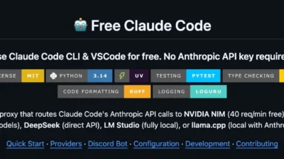 Free Claude Code project banner with tagline about using Claude Code CLI and VSCode for free via NVIDIA NIM, OpenRouter, Dee…