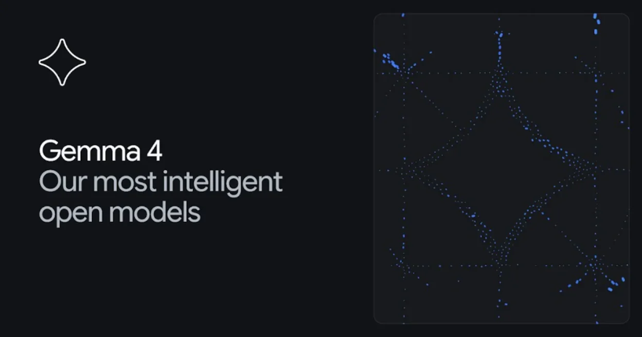 Gemma 4 banner: Our most intelligent open models with blue dot particle graphic on dark background.