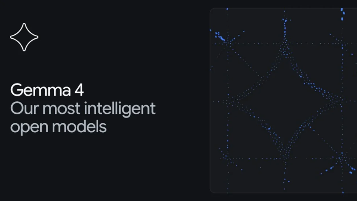Gemma 4 banner: Our most intelligent open models with blue dot particle graphic on dark background.