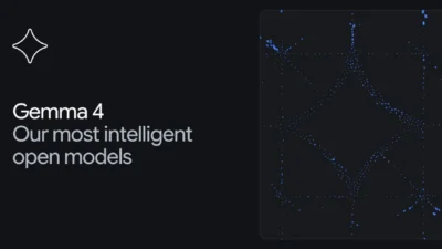 Gemma 4 banner: Our most intelligent open models with blue dot particle graphic on dark background.