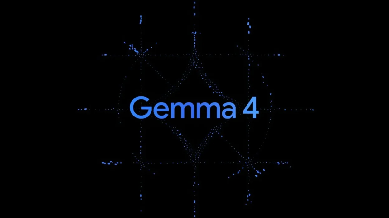 Gemma 4 wordmark in light blue on black with abstract symmetric dot pattern framing the text.