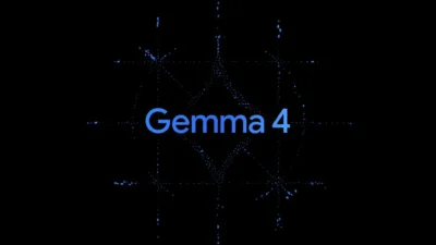 Gemma 4 wordmark in light blue on black with abstract symmetric dot pattern framing the text.