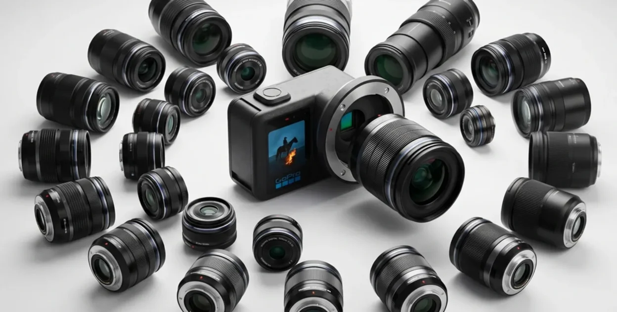 Overhead studio shot of GoPro Mission 1 with zoom lens and a circular array of many interchangeable lenses on a white seamle…