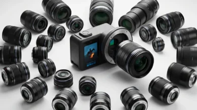 Overhead studio shot of GoPro Mission 1 with zoom lens and a circular array of many interchangeable lenses on a white seamle…