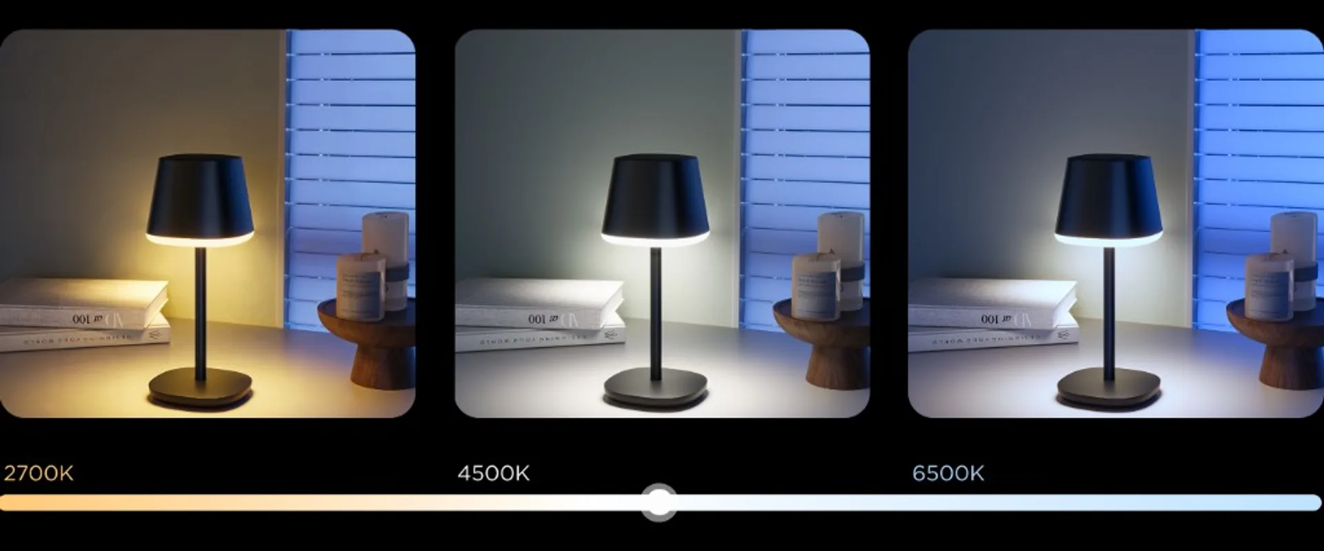 Govee Table Lamp Classic H1741 showing tunable white at 2700K, 4500K, and 6500K side by side with Kelvin slider graphic.