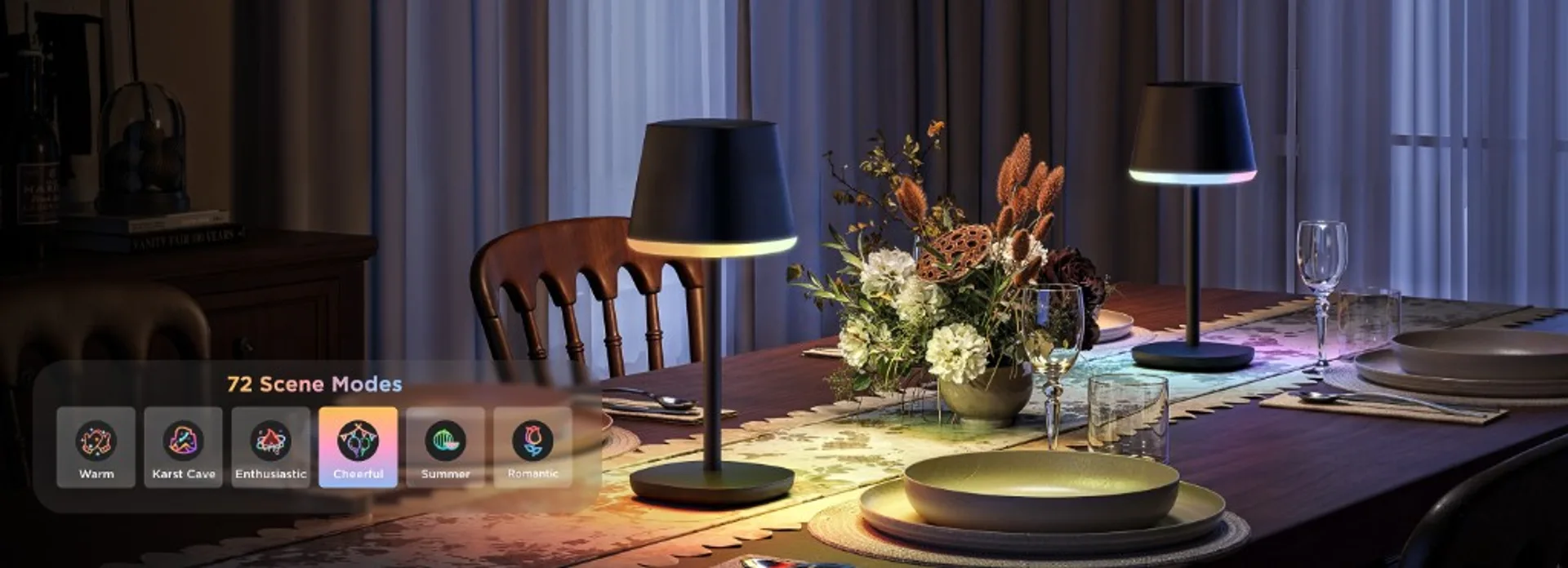 Two Govee Table Lamp Classic lamps on a dining table with warm and RGB ring lighting plus 72 scene modes app overlay.