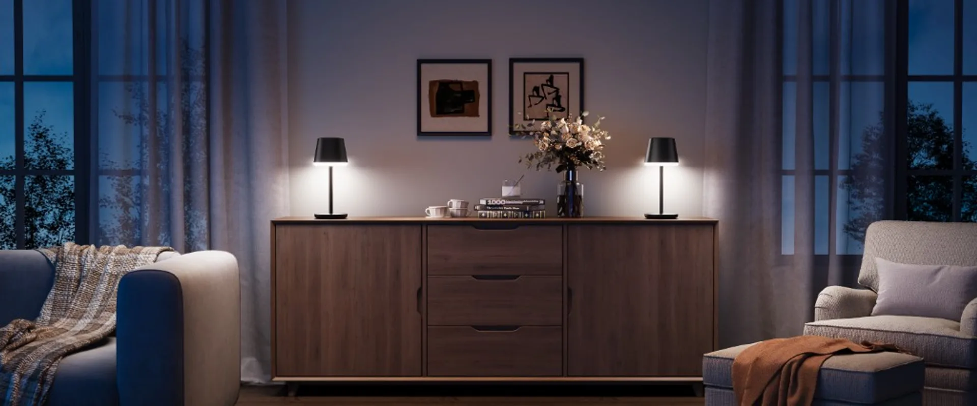 Two Govee Table Lamp Classic H1741 lamps on a wooden sideboard in a modern living room at dusk with cool white downlight.