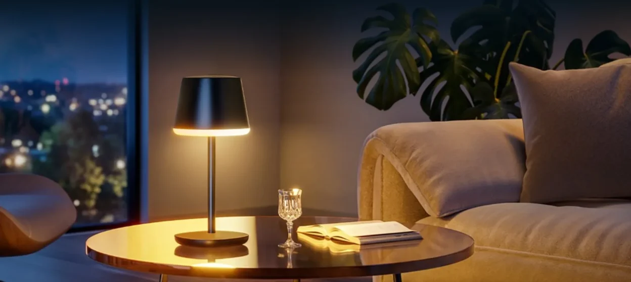 Govee Table Lamp Classic on a round coffee table at night with warm glow, sofa and city view.