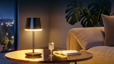 Govee Table Lamp Classic on a round coffee table at night with warm glow, sofa and city view.