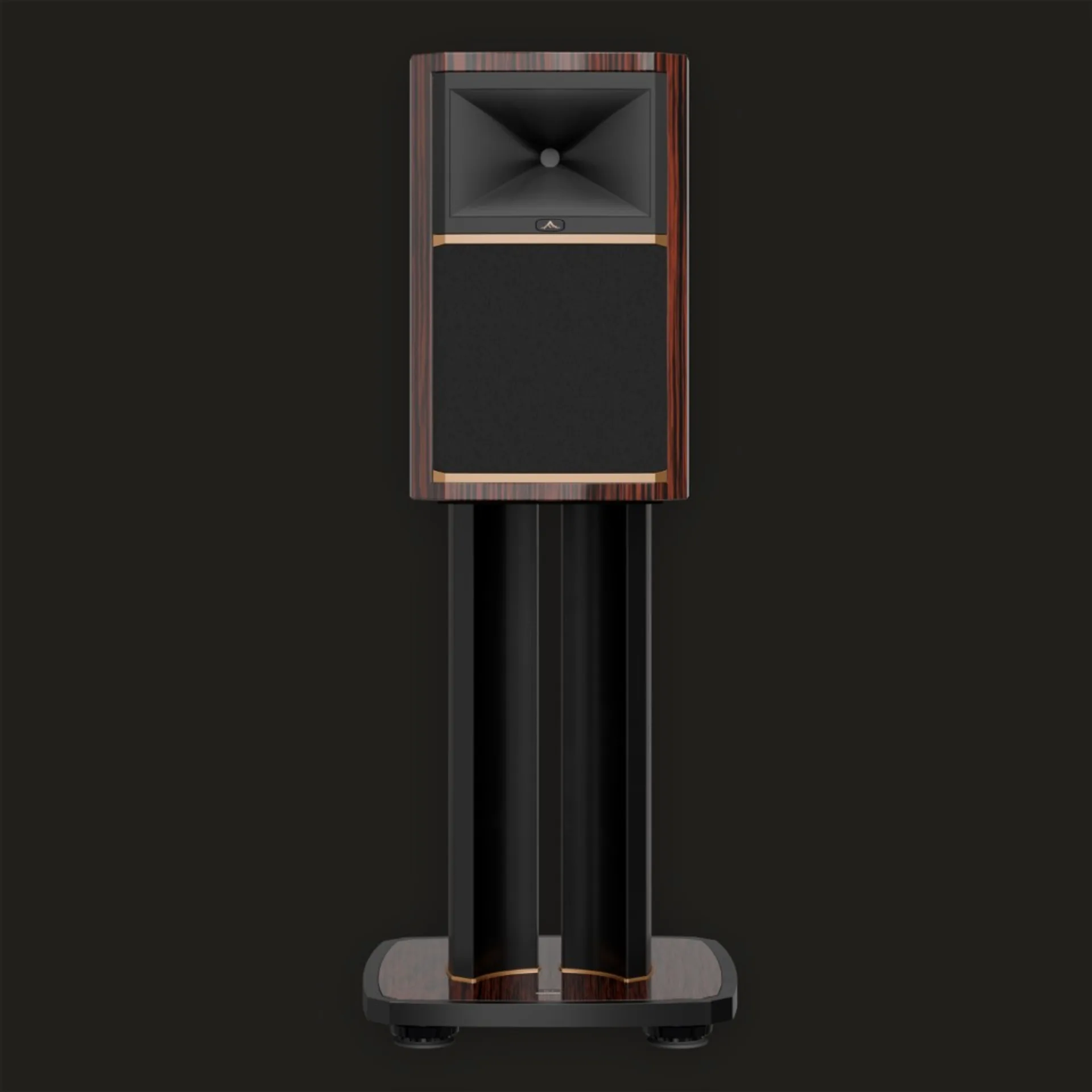 Front view of JBL Summit Ama loudspeaker in dark wood veneer with horn-loaded tweeter, black fabric woofer grille, gold trim…