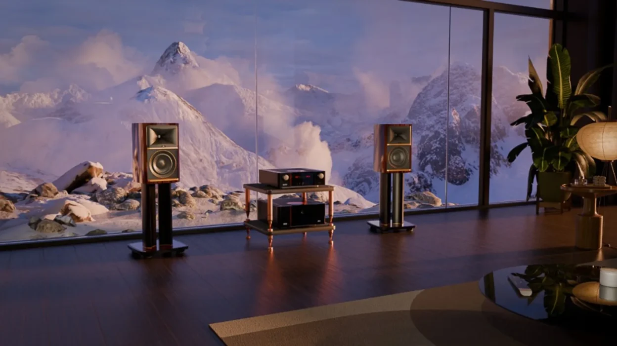 JBL Summit Ama hi-fi system with walnut stand-mount speakers flanking a copper-legged rack and amplifiers in a luxury living…