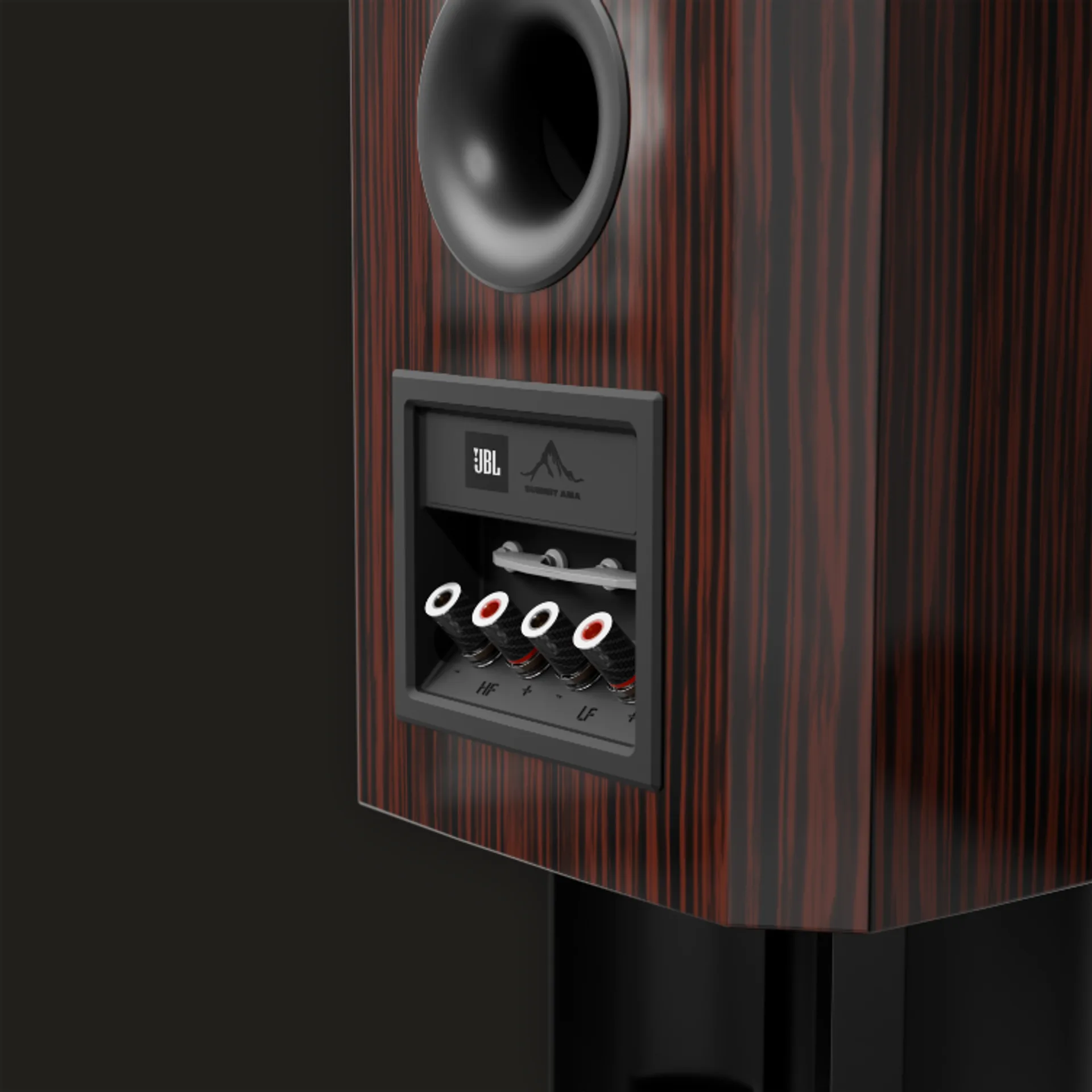 Rear panel of JBL Summit Ama speaker: dark wood veneer, bass reflex port, gold bi-wire binding posts labeled HF and LF, Summ…