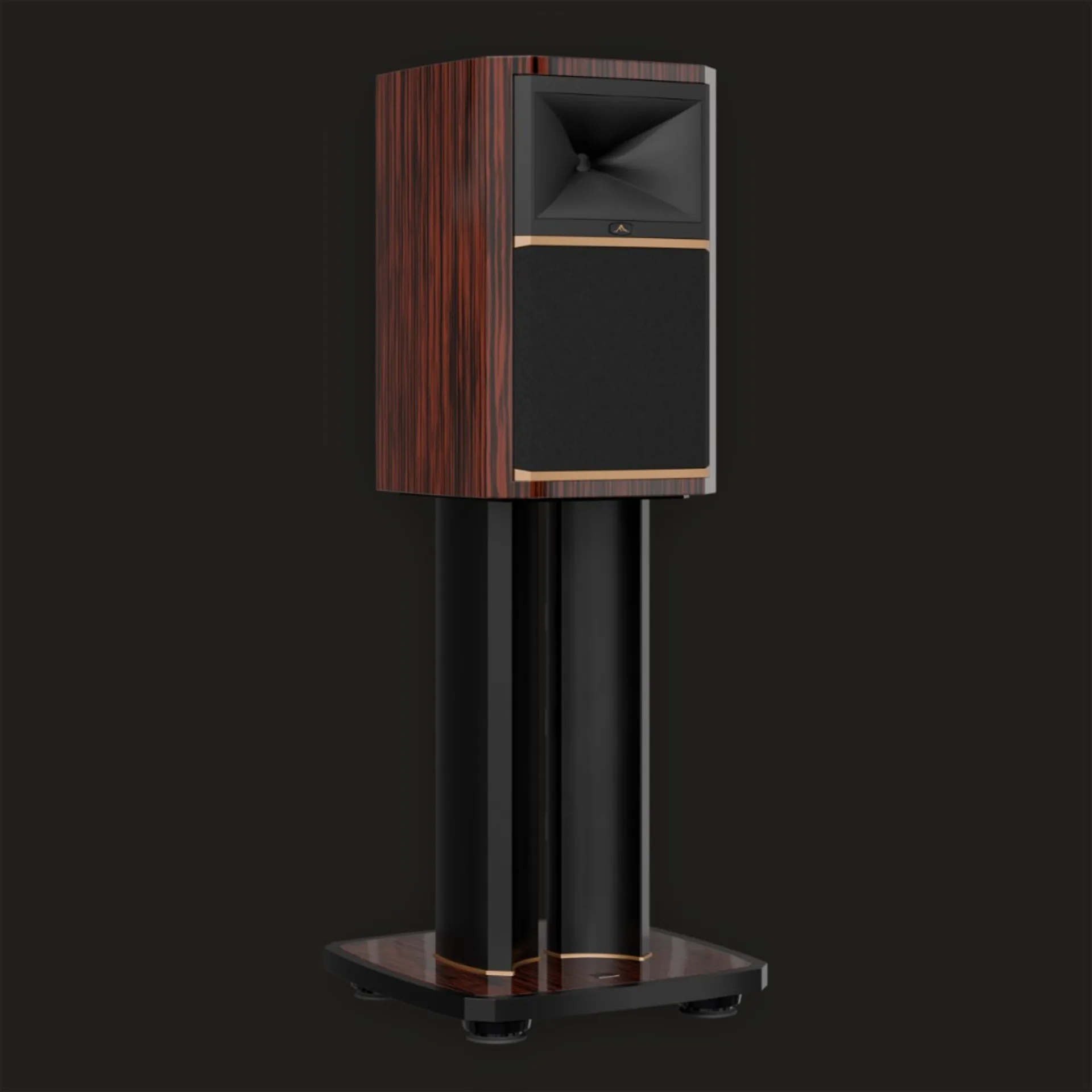 Three-quarter studio view of JBL Summit Ama stand-mount loudspeaker with dark glossy wood cabinet, black horn, and dedicated…