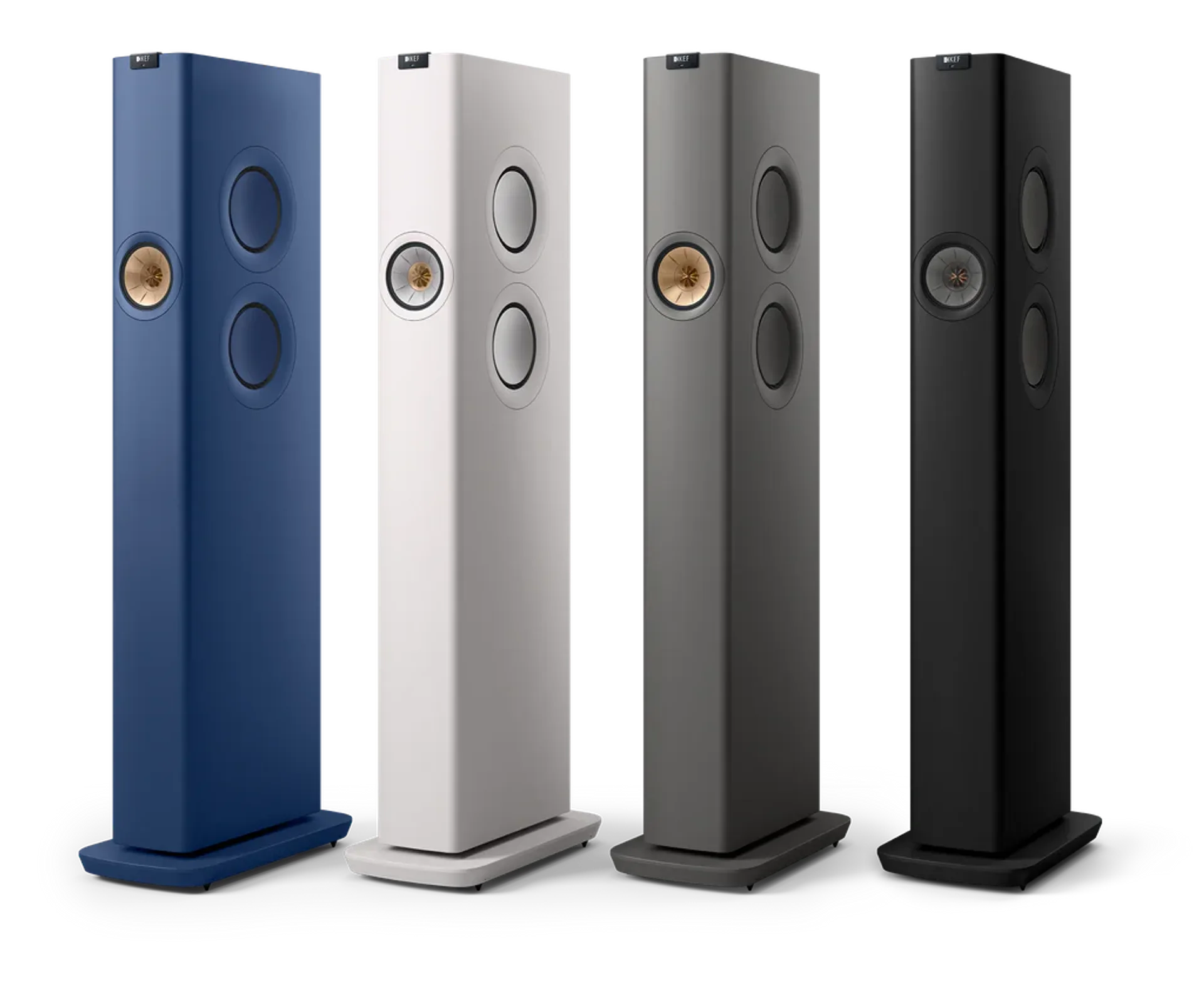 KEF LS60 Wireless floorstanding speakers shown in multiple finish options.