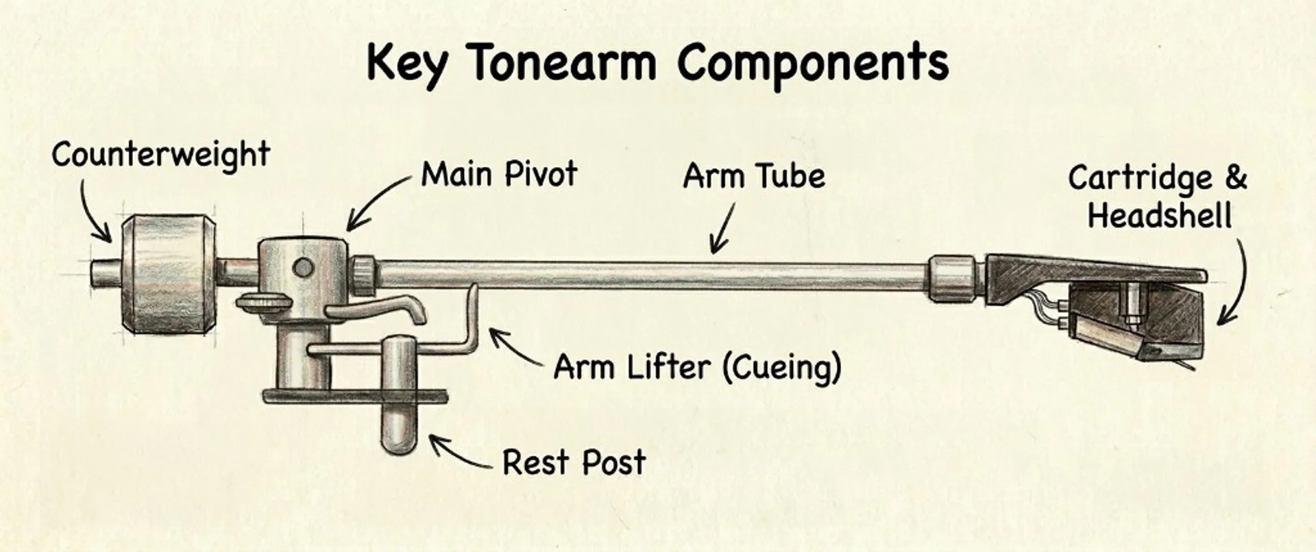 Labeled diagram titled Key Tonearm Components: counterweight, main pivot, arm lifter cueing, rest post, arm tube, cartridge…