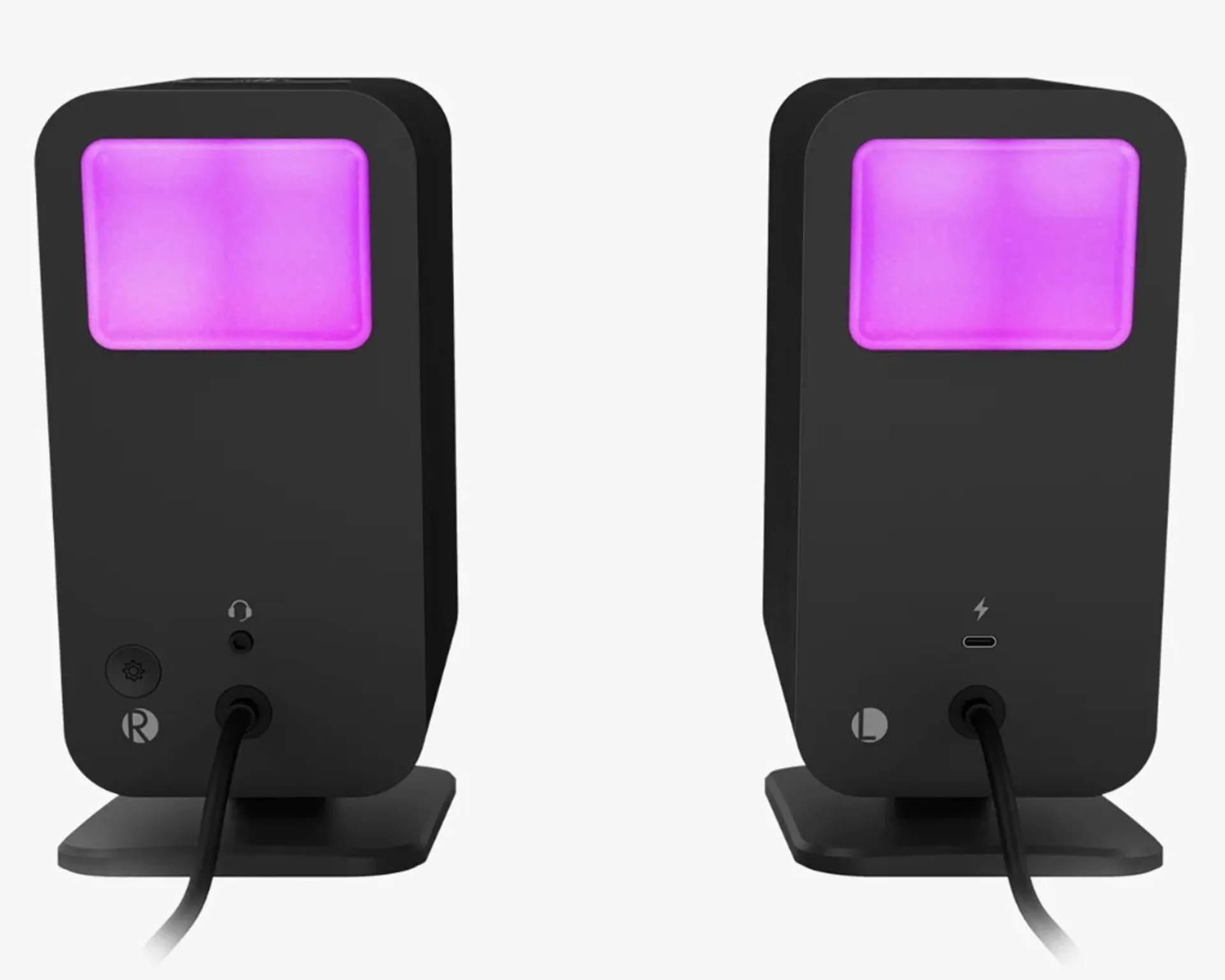 Front and rear view of Klipsch ProMedia Lumina satellites showing integrated accent lighting.