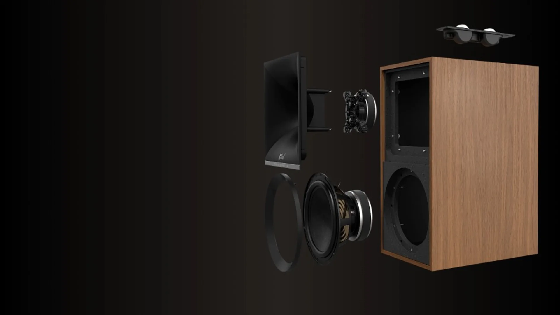 Exploded technical view of Klipsch The Sevens cabinet showing horn tweeter, woofer, and internal structure.