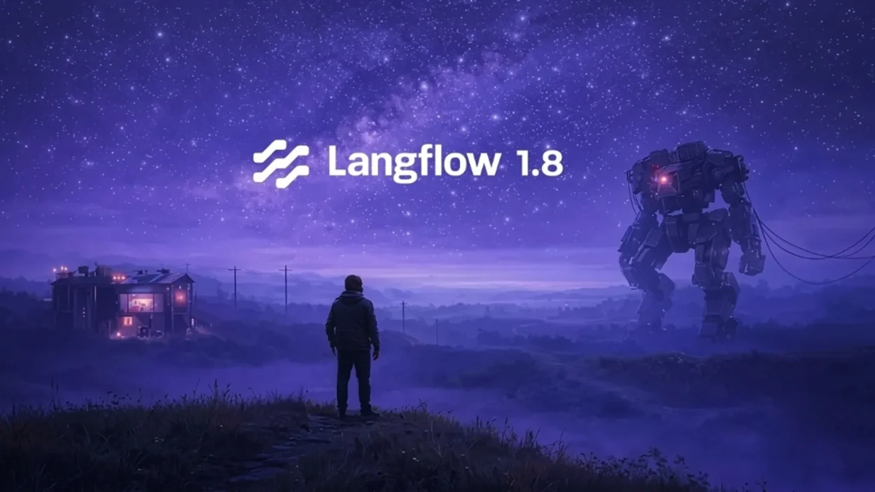 Langflow 1.8 stylized hero: night sky, figure on a ridge, distant mecha, and Langflow wordmark.