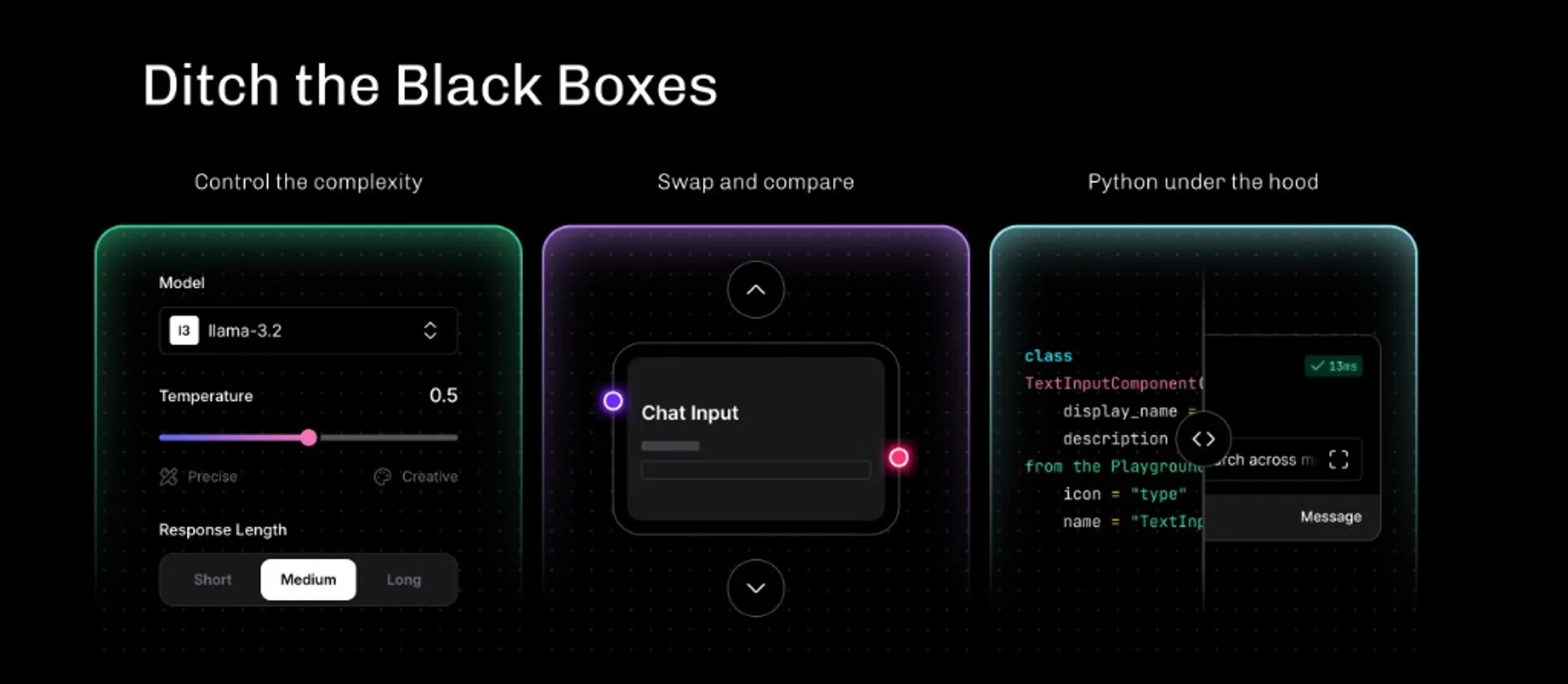 Langflow Ditch the Black Boxes: model tuning UI, Chat Input node, and Python TextInput component with live UI preview.
