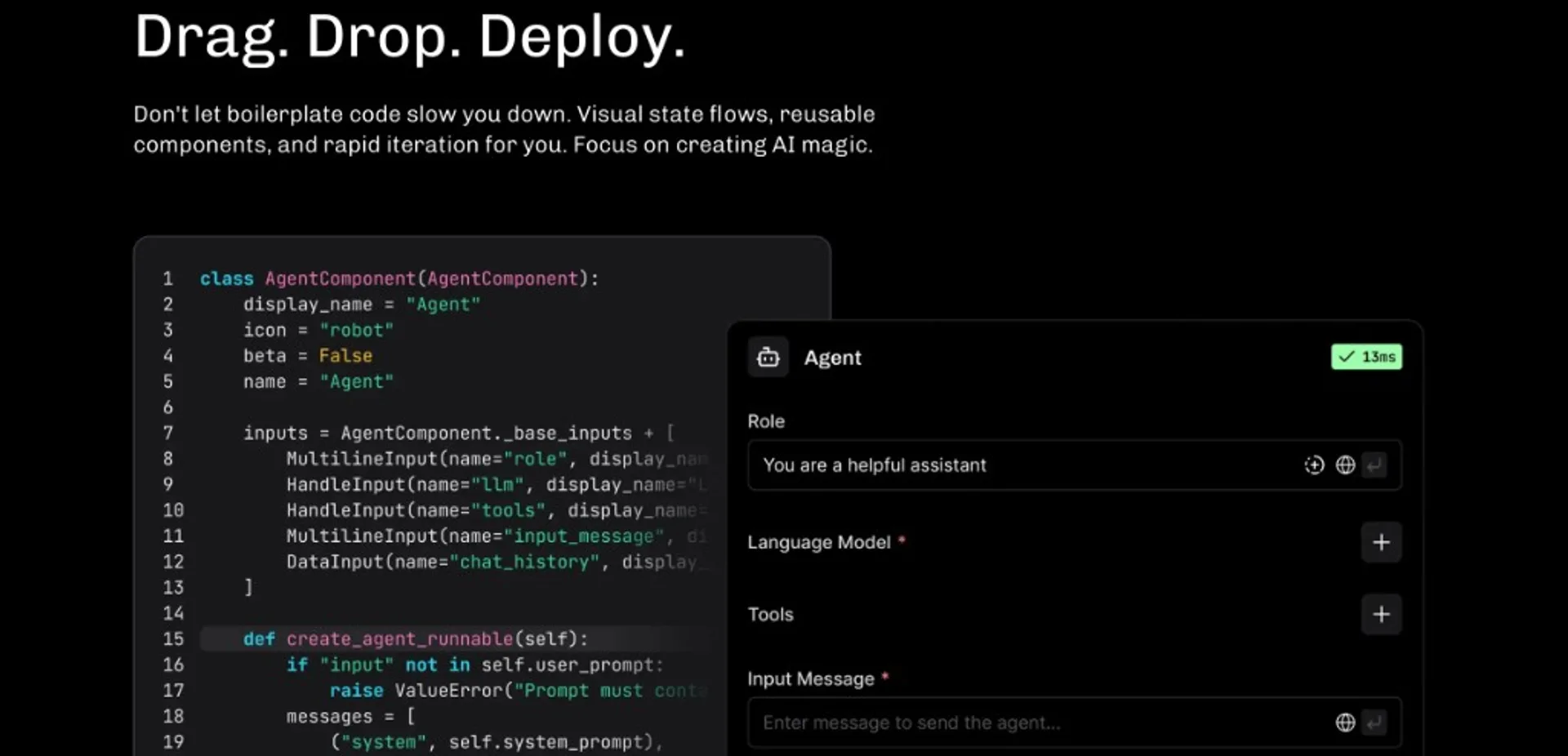 Langflow Drag Drop Deploy: Python AgentComponent code beside the visual Agent node with role, LLM, tools, and input message…