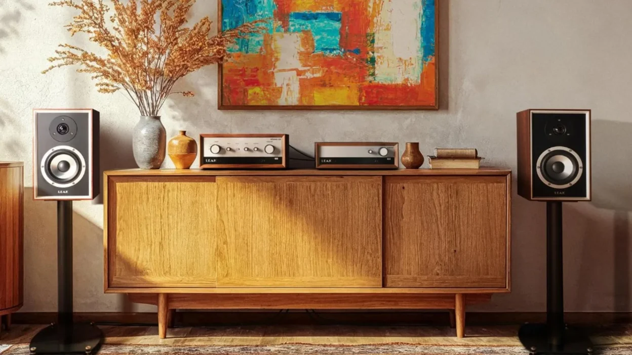 Leak Sandwich 100 bookshelf speakers on stands with Leak stereo amplifier and CD transport on a wooden sideboard, mid-centur…