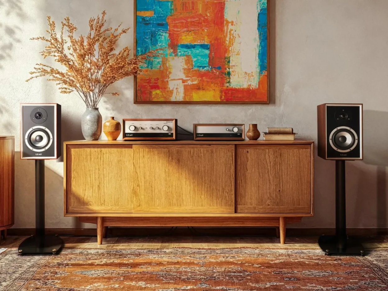 Leak Sandwich 100 bookshelf speakers on stands with Leak stereo amplifier and CD transport on a wooden sideboard, mid-centur…