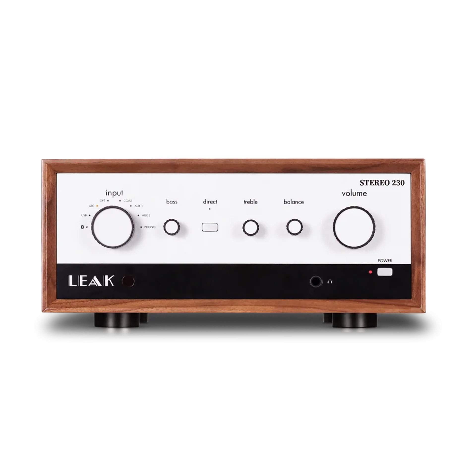 LEAK Stereo 230 integrated amplifier front view in standard walnut finish.