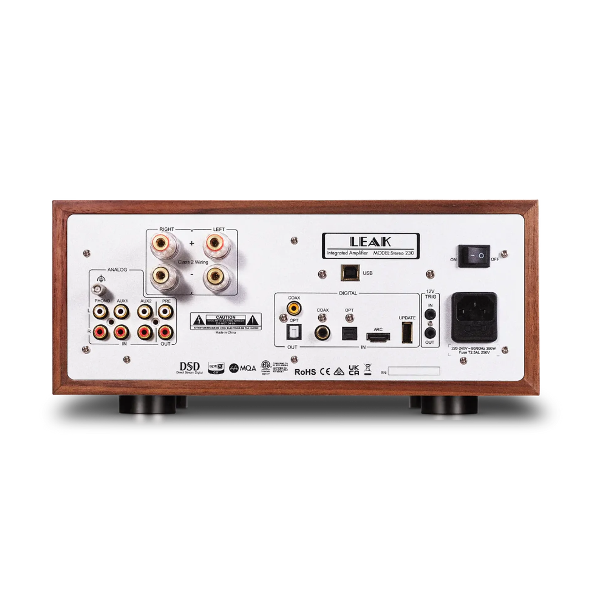 Rear panel of LEAK Stereo 230 showing analog inputs, speaker terminals, HDMI ARC, and digital connectivity.