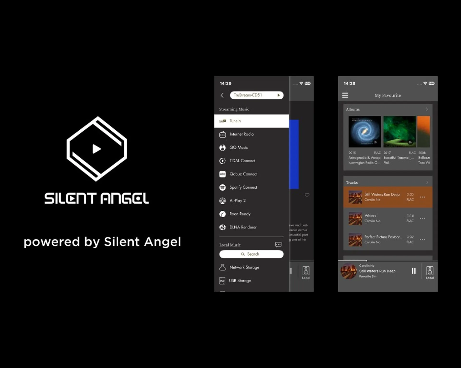 Silent Angel app powered by Silent Angel: TruStream device UI with streaming sources TIDAL, Qobuz, Spotify, AirPlay 2, Roon…