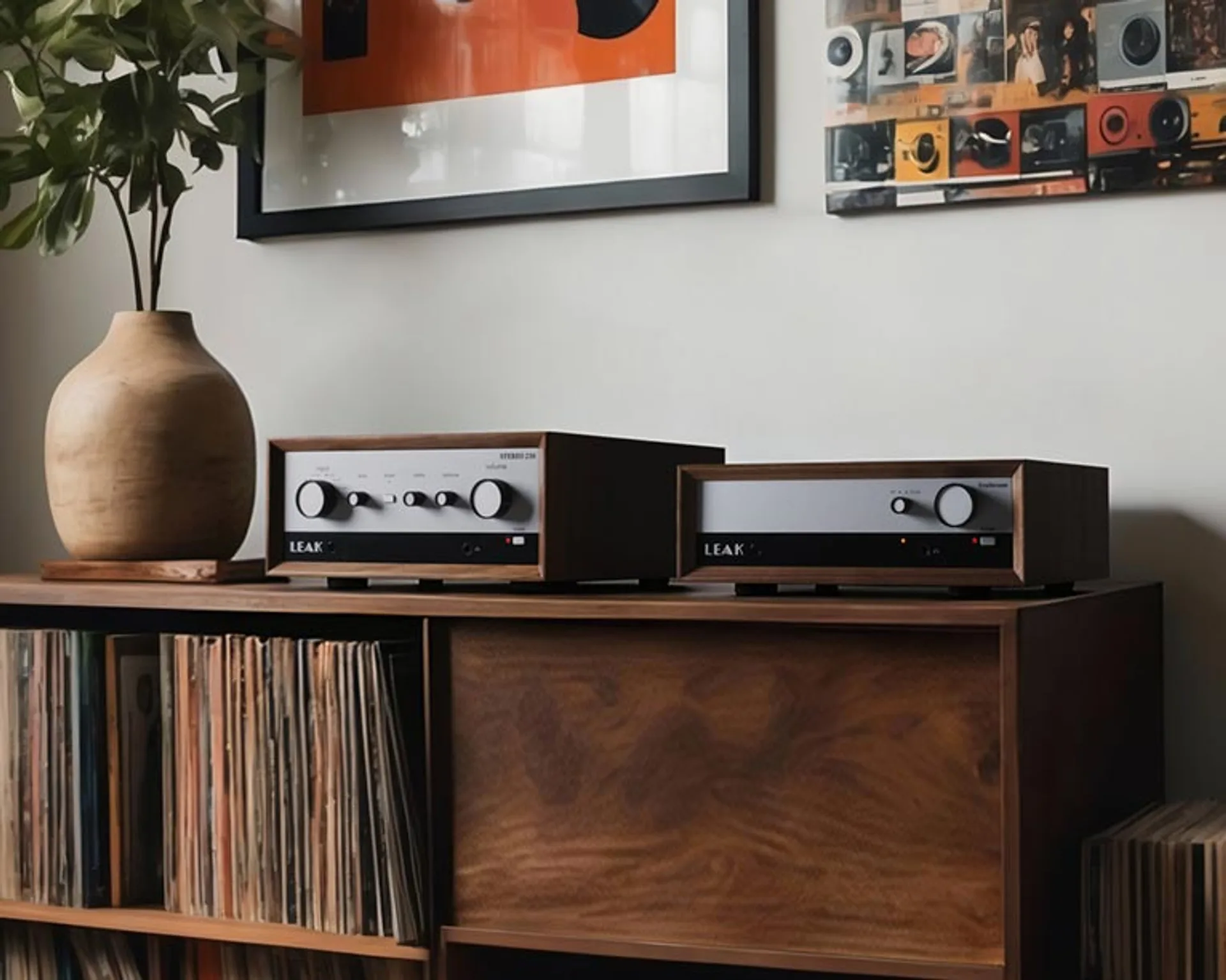 Leak Stereo 230 integrated amplifier and Leak TruStream streamer on a wooden cabinet above vinyl records, mid-century interi…