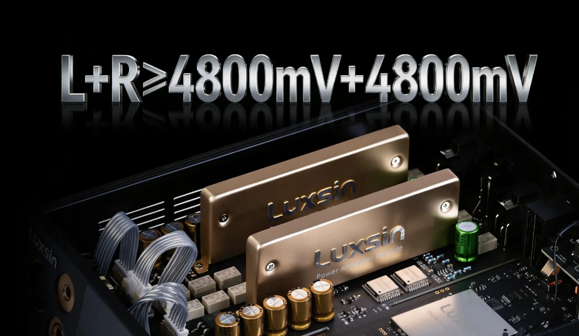 Close-up render of Luxsin X8 power stage with balanced output headline specification.