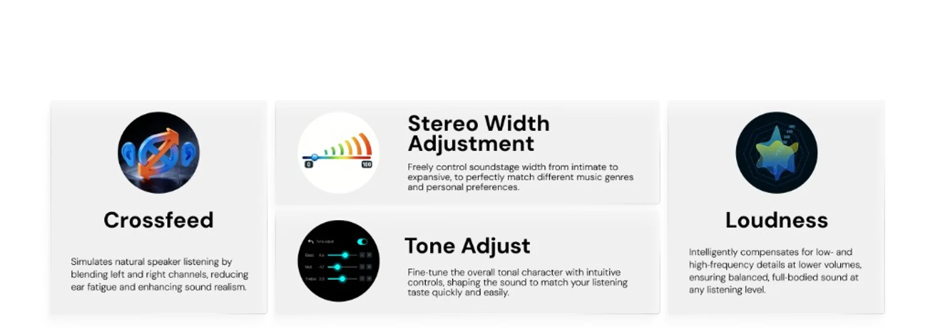 Luxsin X8 DSP feature panel showing crossfeed, stereo width, tone adjust, and loudness tools.