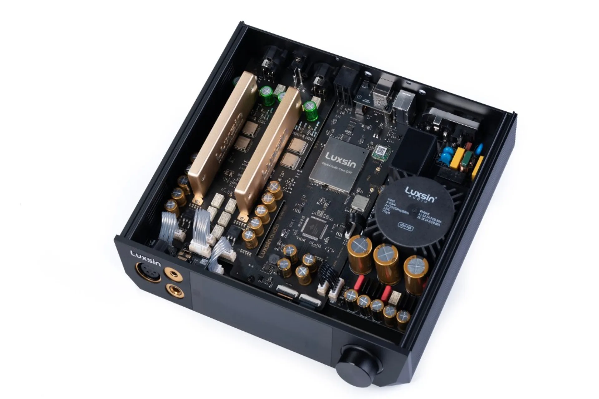 Luxsin X8 internal board layout showing DAC, DSP, and power section components.