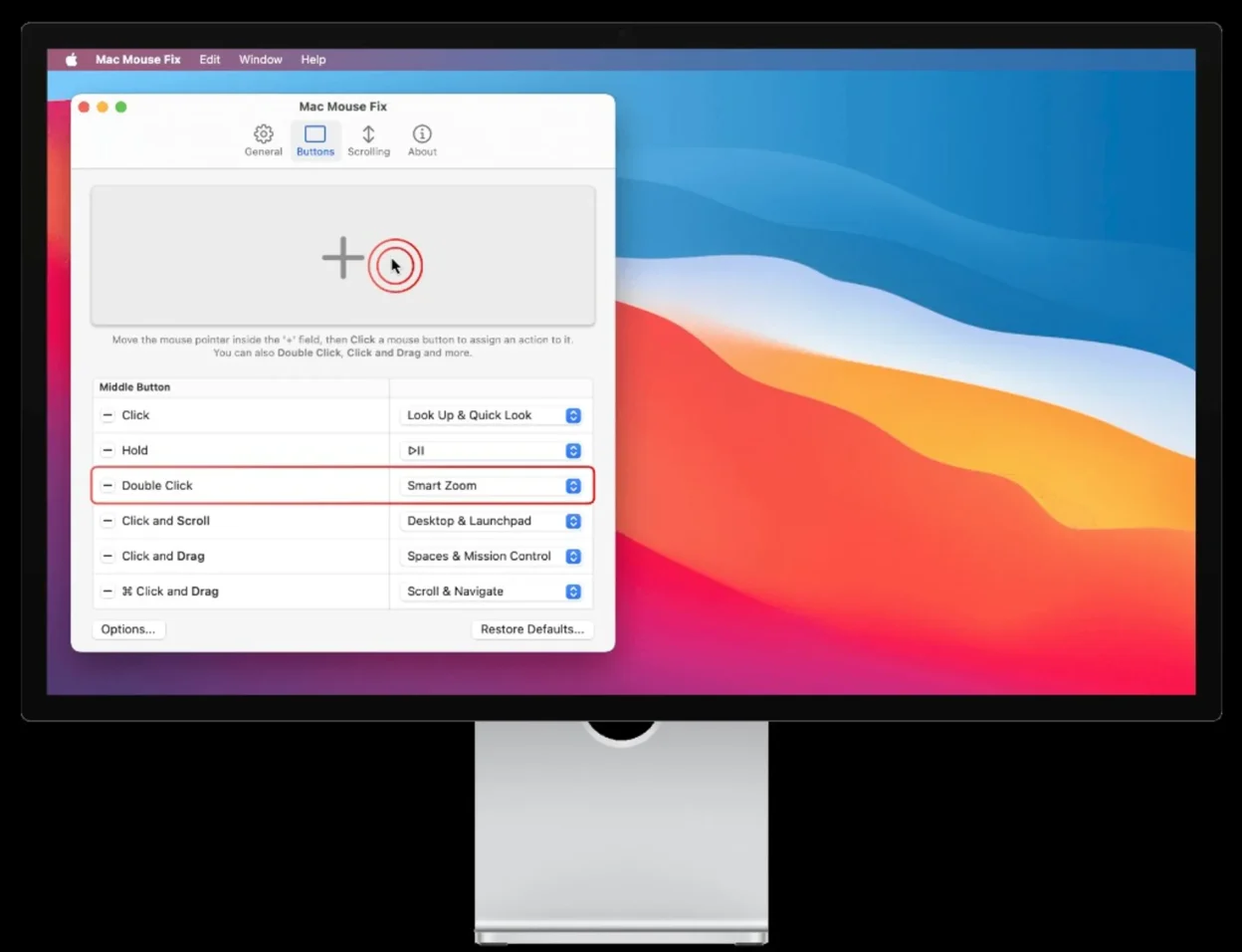 Mac Mouse Fix app on macOS Buttons tab showing middle button mappings including Double Click to Smart Zoom highlighted, Stud…