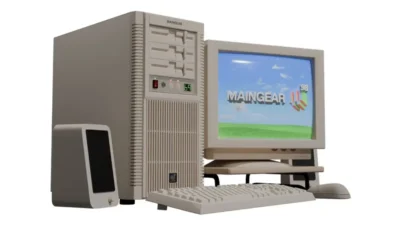 Retro Maingear desktop with beige tower, CRT monitor showing MAINGEAR 98 logo, keyboard, mouse, and speakers.