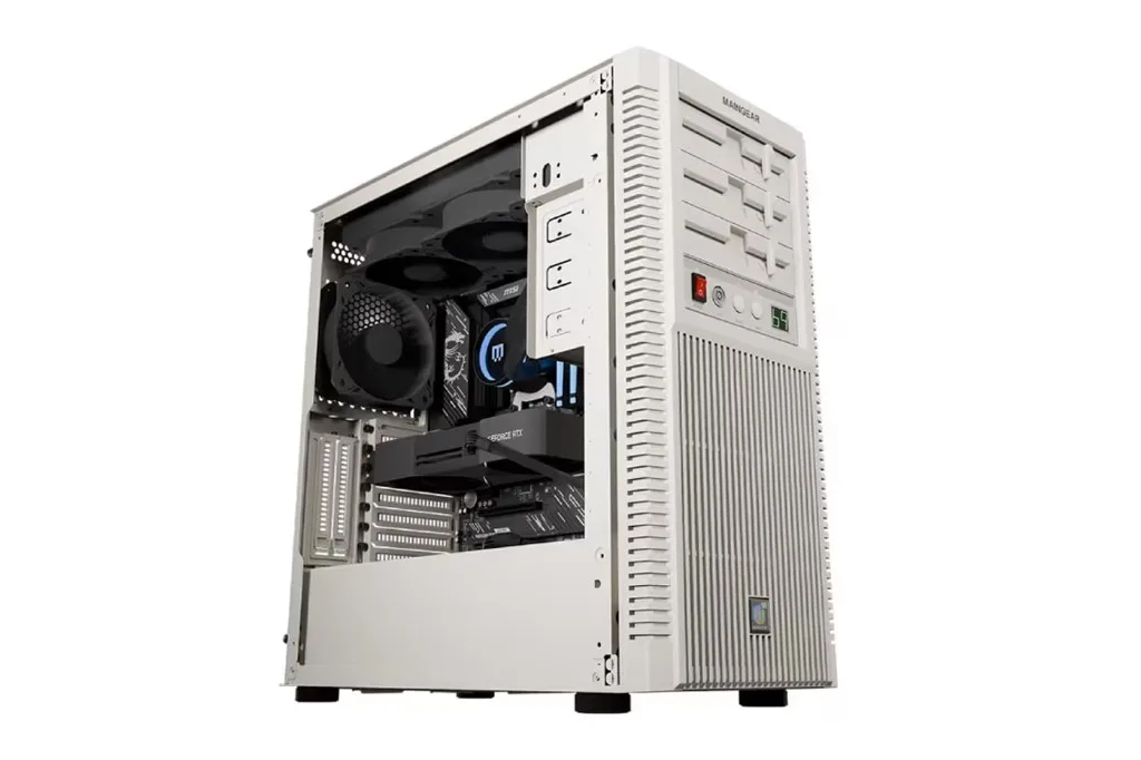 Maingear custom gaming PC in white retro-style case with GeForce RTX GPU, AIO cooler, and side panel open.