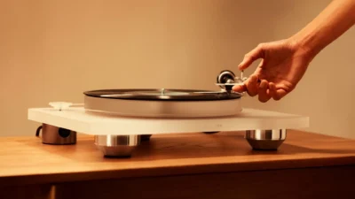 Marantz TT-15S1 nhìn nghiêng thân acrylic mờ, tay chạm gần tonearm trên mặt gỗ